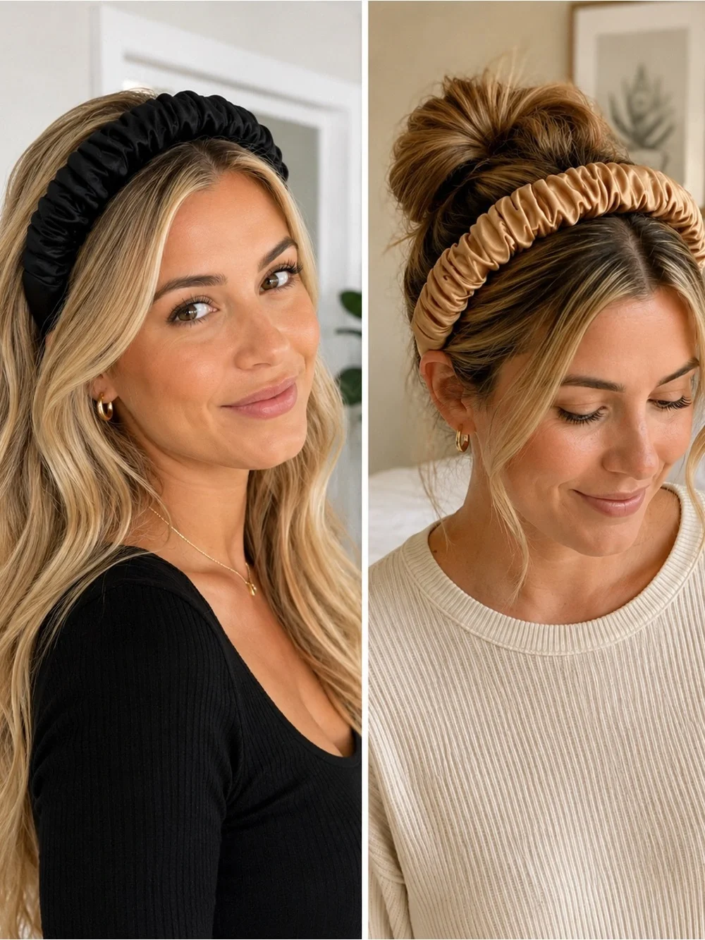 Club Monaco Satin Ruched Headbands in Black and Camel
